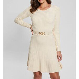 Guess Womens Fit and Flare Crew Neck Mini Sweater Dress Beige Size M NWT